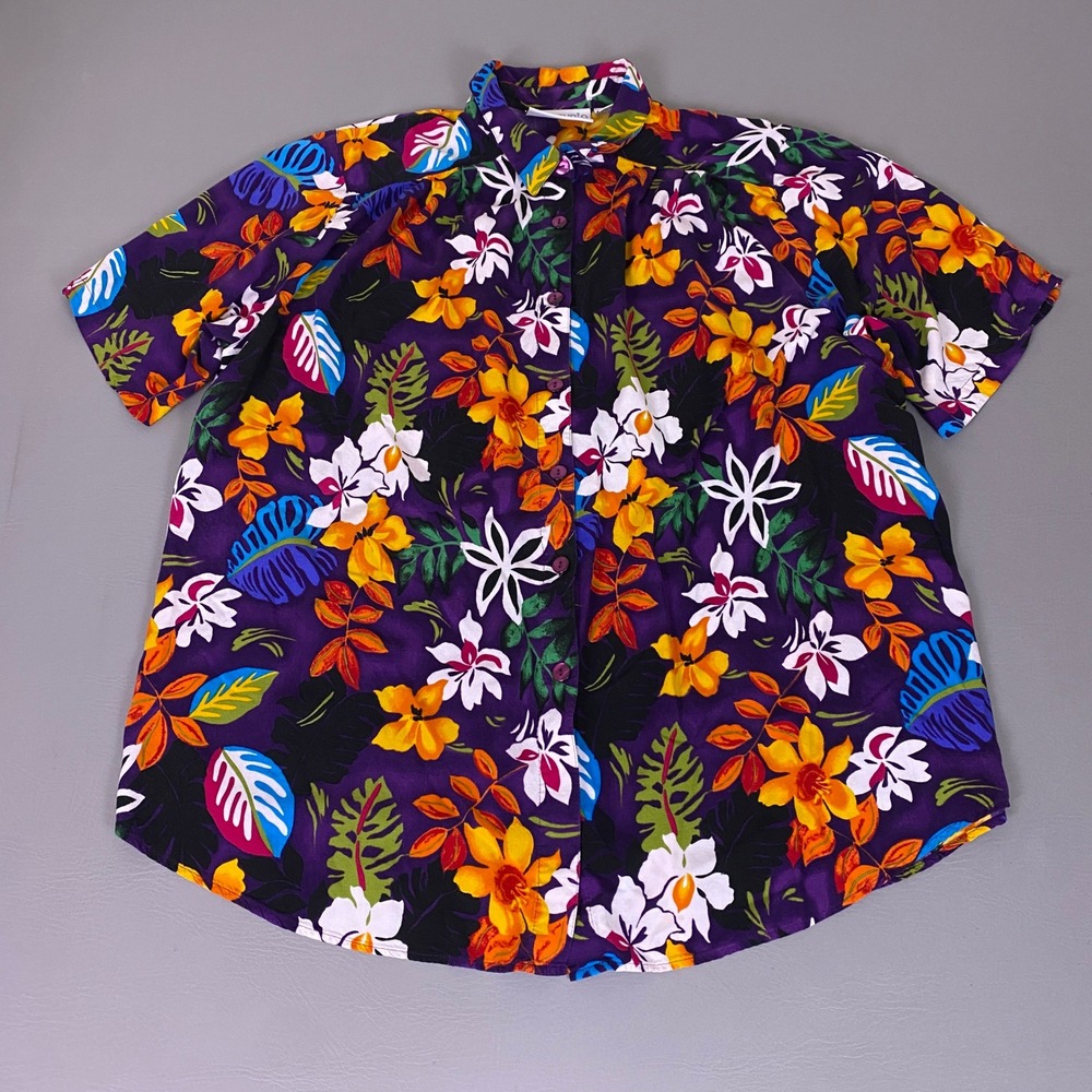 CST Studio Hawaiian Camp Shirt Women's 2X Purple Tropical Floral Rayon Button